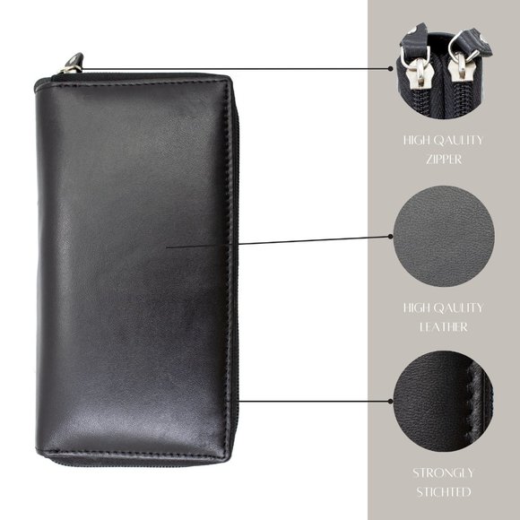 RFID Blocking Leather Black Checkbook Cover, ID Holder, Credit Card & Currency - Picture 2 of 14